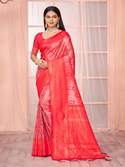 EXCLUSIVA - Red Handloom Silk Saree with Unstitched Blouse