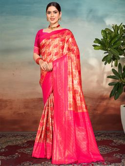 EXCLUSIVA - Pink Handloom Silk Saree with Unstitched Blouse