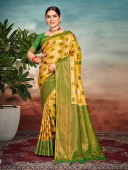 EXCLUSIVA - Yellow Handloom Silk Saree with Unstitched Blouse