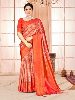 EXCLUSIVA - Red Handloom Silk Saree with Unstitched Blouse