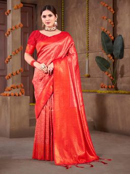 EXCLUSIVA - Red Handloom Silk Saree with Unstitched Blouse