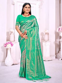 EXCLUSIVA - Sea Green Handloom Silk Saree with Unstitched Blouse