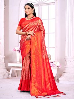 EXCLUSIVA - Red Handloom Silk Saree with Unstitched Blouse