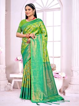 EXCLUSIVA - Green Handloom Silk Saree with Unstitched Blouse