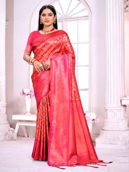 EXCLUSIVA - Pink Handloom Silk Saree with Unstitched Blouse