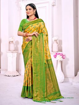 EXCLUSIVA - Yellow Handloom Silk Saree with Unstitched Blouse