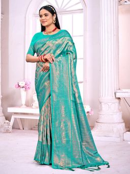 EXCLUSIVA - Blue Handloom Silk Saree with Unstitched Blouse