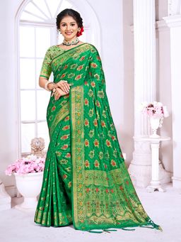 EXCLUSIVA - Green Handloom Silk Saree with Unstitched Blouse