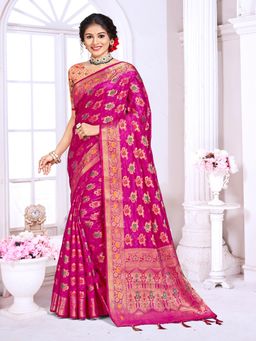 EXCLUSIVA - Pink Handloom Silk Saree with Unstitched Blouse
