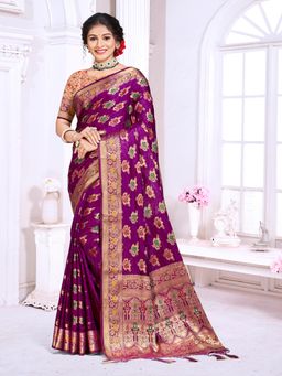 EXCLUSIVA - Purple Handloom Silk Saree with Unstitched Blouse