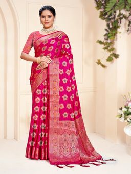 EXCLUSIVA - Pink Handloom Silk Saree with Unstitched Blouse