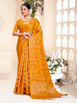 EXCLUSIVA - Orange Handloom Silk Saree with Unstitched Blouse