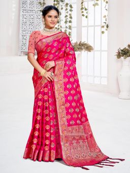 EXCLUSIVA - Pink Handloom Silk Saree with Unstitched Blouse