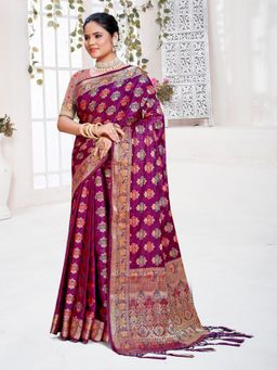 EXCLUSIVA - Purple Handloom Silk Saree with Unstitched Blouse