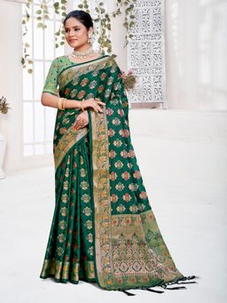 EXCLUSIVA - Dark Green Handloom Silk Saree with Unstitched Blouse