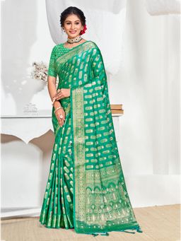 EXCLUSIVA - Sea Green Handloom Silk Saree with Unstitched Blouse