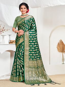 EXCLUSIVA - Dark Green Handloom Silk Saree with Unstitched Blouse