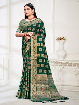 EXCLUSIVA - Dark Green Handloom Silk Saree with Unstitched Blouse