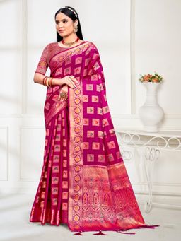 EXCLUSIVA - Pink Handloom Silk Saree with Unstitched Blouse