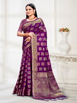 EXCLUSIVA - Purple Handloom Silk Saree with Unstitched Blouse