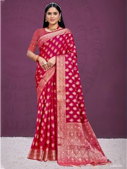 EXCLUSIVA - Red Handloom Silk Saree with Unstitched Blouse