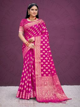 EXCLUSIVA - Pink Handloom Silk Saree with Unstitched Blouse