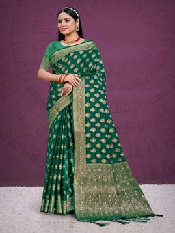 EXCLUSIVA - Dark Green Handloom Silk Saree with Unstitched Blouse
