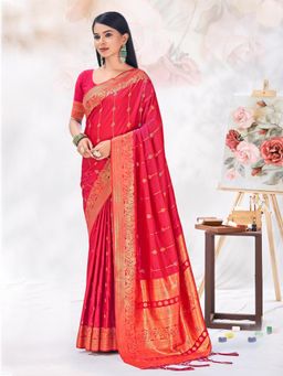 EXCLUSIVA - Red Handloom Silk Saree with Unstitched Blouse