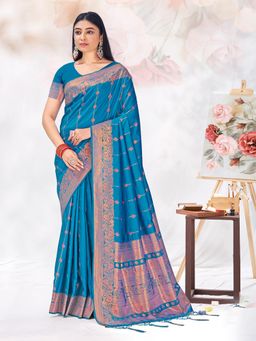 EXCLUSIVA - Blue Handloom Silk Saree with Unstitched Blouse