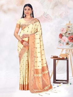 EXCLUSIVA - Beige Handloom Silk Saree with Unstitched Blouse