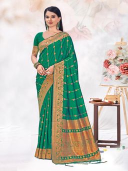 EXCLUSIVA - Green Handloom Silk Saree with Unstitched Blouse