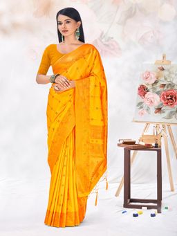 EXCLUSIVA - Yellow Handloom Silk Saree with Unstitched Blouse