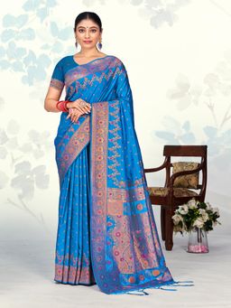 EXCLUSIVA - Blue Handloom Silk Saree with Unstitched Blouse