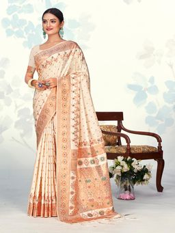 EXCLUSIVA - Beige Handloom Silk Saree with Unstitched Blouse