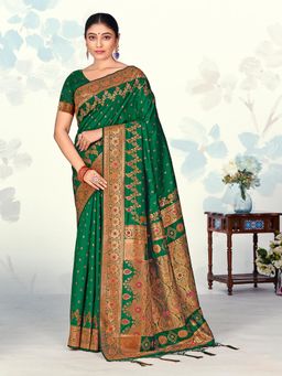 EXCLUSIVA - Green Handloom Silk Saree with Unstitched Blouse