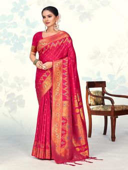EXCLUSIVA - Red Handloom Silk Saree with Unstitched Blouse