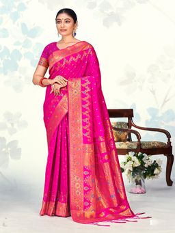 EXCLUSIVA - Pink Handloom Silk Saree with Unstitched Blouse