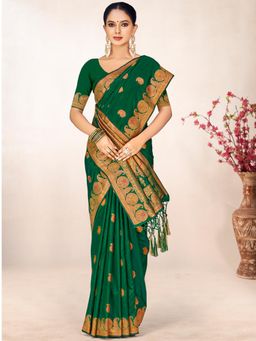 EXCLUSIVA - Green Handloom Silk Saree with Unstitched Blouse