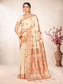 EXCLUSIVA - Beige Handloom Silk Saree with Unstitched Blouse