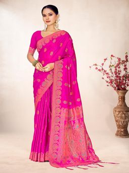 EXCLUSIVA - Pink Handloom Silk Saree with Unstitched Blouse