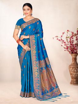 EXCLUSIVA - Blue Handloom Silk Saree with Unstitched Blouse