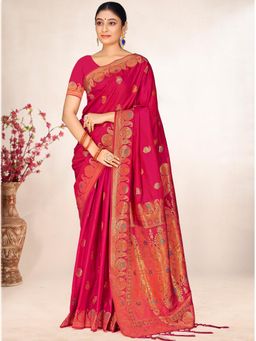 EXCLUSIVA - Red Handloom Silk Saree with Unstitched Blouse