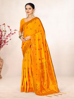 EXCLUSIVA - Yellow Handloom Silk Saree with Unstitched Blouse