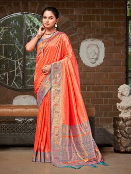 EXCLUSIVA - Peach Handloom Silk Saree with Unstitched Blouse