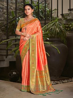 EXCLUSIVA - Orange Handloom Silk Saree with Unstitched Blouse