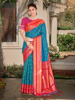 EXCLUSIVA - Blue Handloom Silk Saree with Unstitched Blouse