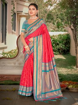 EXCLUSIVA - Red Handloom Silk Saree with Unstitched Blouse
