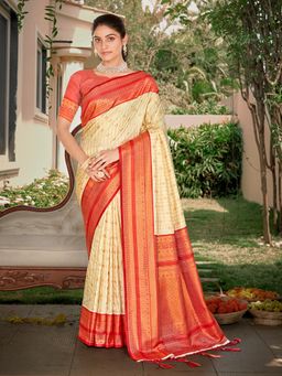 EXCLUSIVA - Beige Handloom Silk Saree with Unstitched Blouse