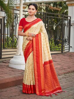 EXCLUSIVA - Beige Handloom Silk Saree with Unstitched Blouse