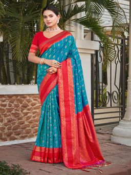 EXCLUSIVA - Blue Handloom Silk Saree with Unstitched Blouse